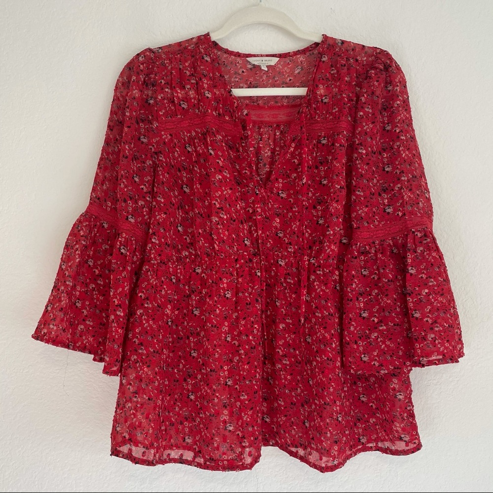 LUCKY BRAND Red Floral Chiffon BOHO Top - Picture 7 of 12